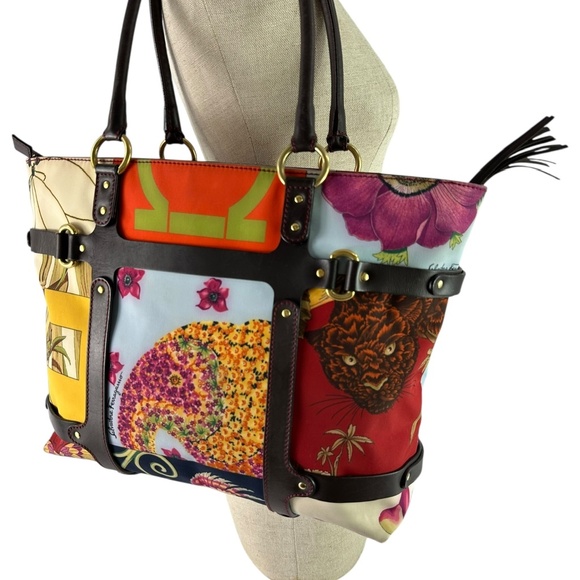 Genuine SALVATORE FERRAGAMO Multicolor Nylon Animal Print Tote Bag Made In Italy - Picture 3 of 15